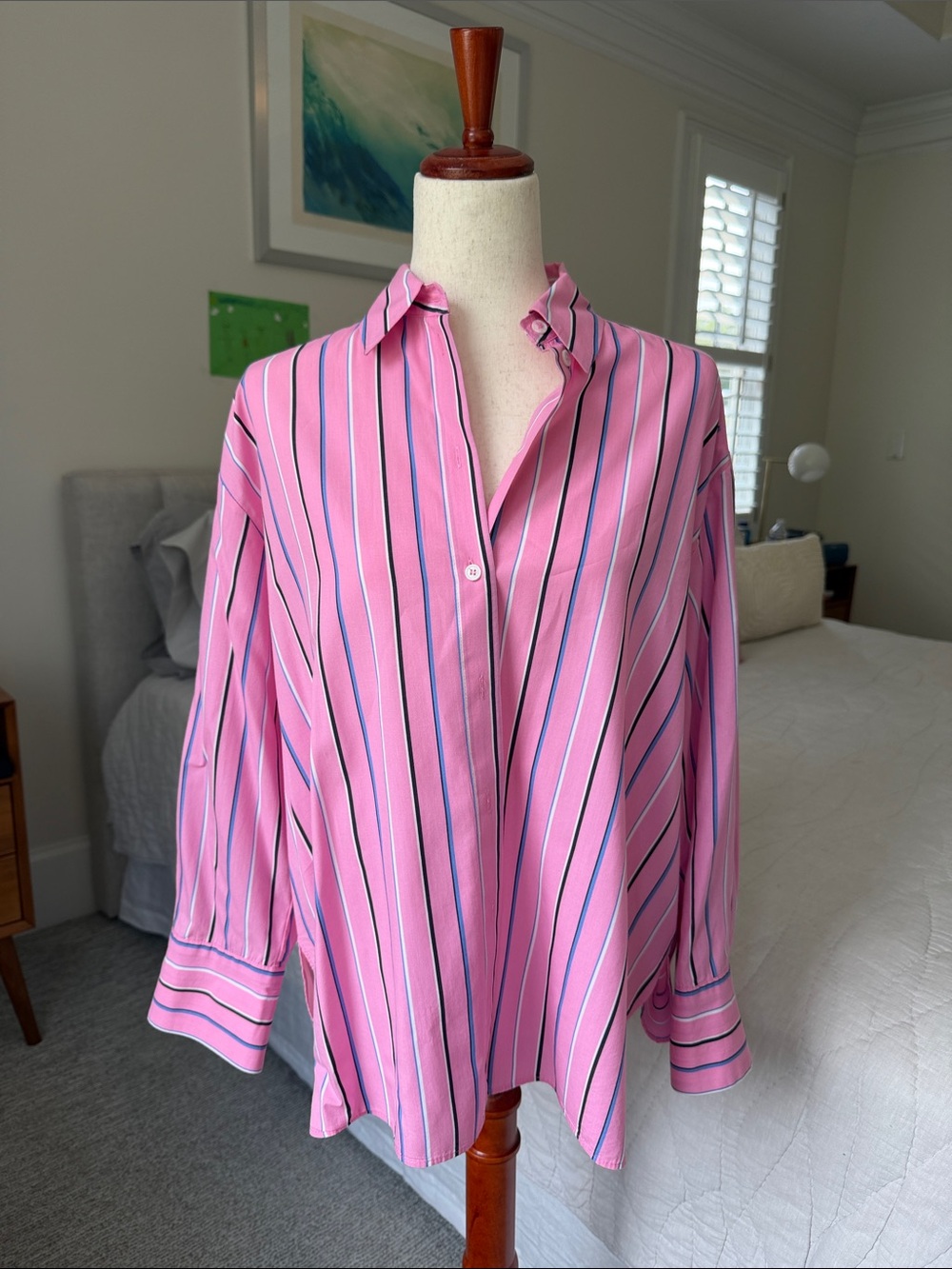 Zara Pink Vertical-Striped Button-Down Blouse